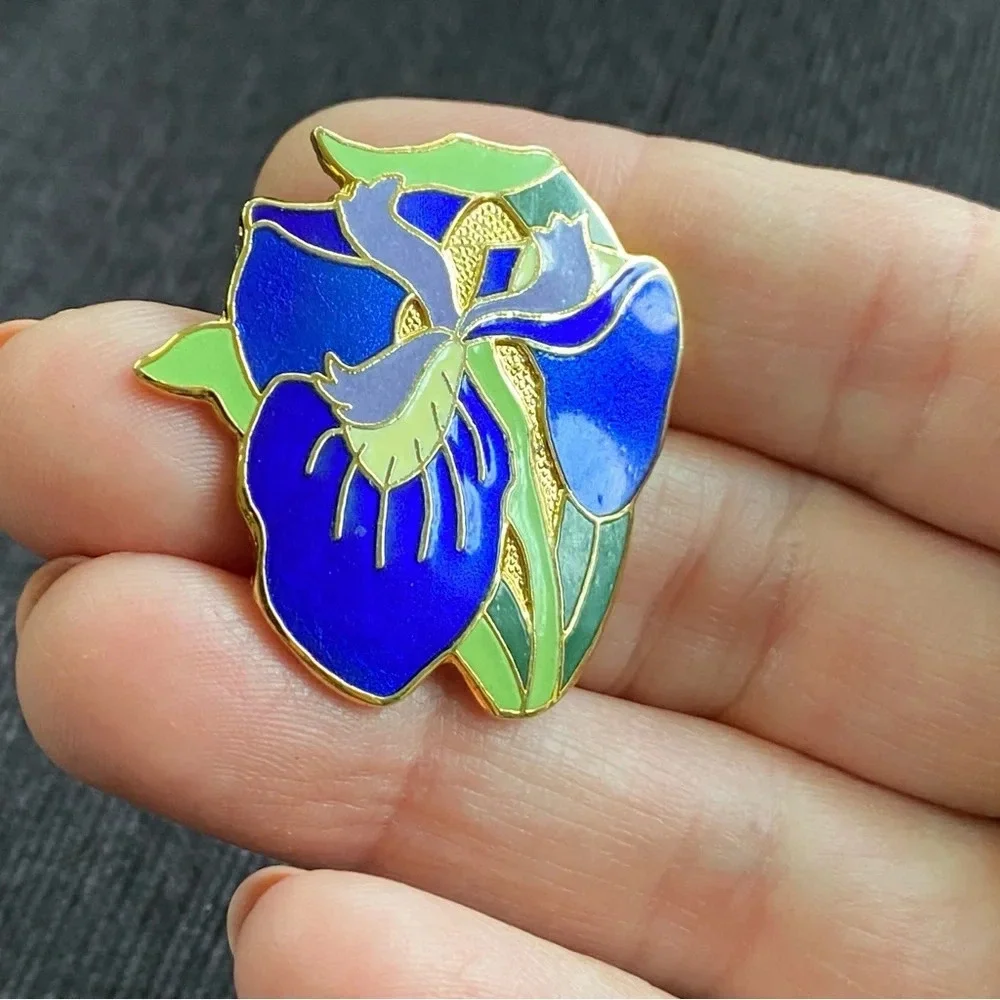 Purple Iris Cloisonne Brooch Signed ACE
